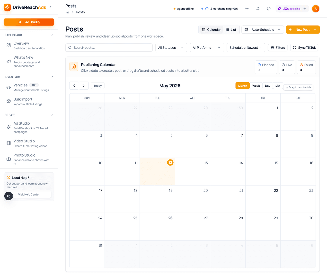 Publishing calendar — month view across Facebook, Instagram, TikTok, Craigslist, and Marketplace with Planned / Live / Failed stats