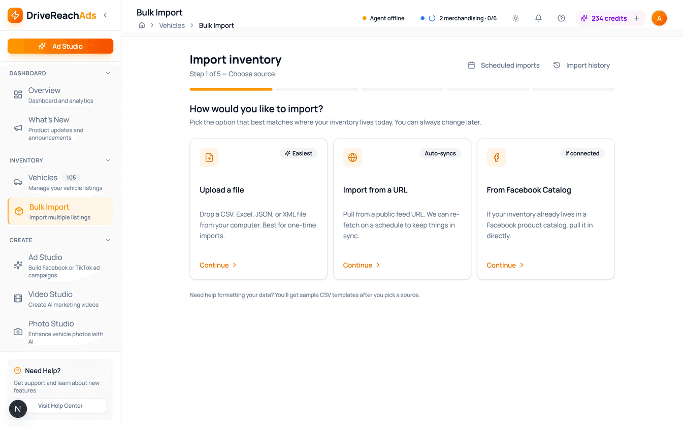 Import inventory — Step 1 of 5: Upload a file, Import from URL, or Pull from Facebook Catalog