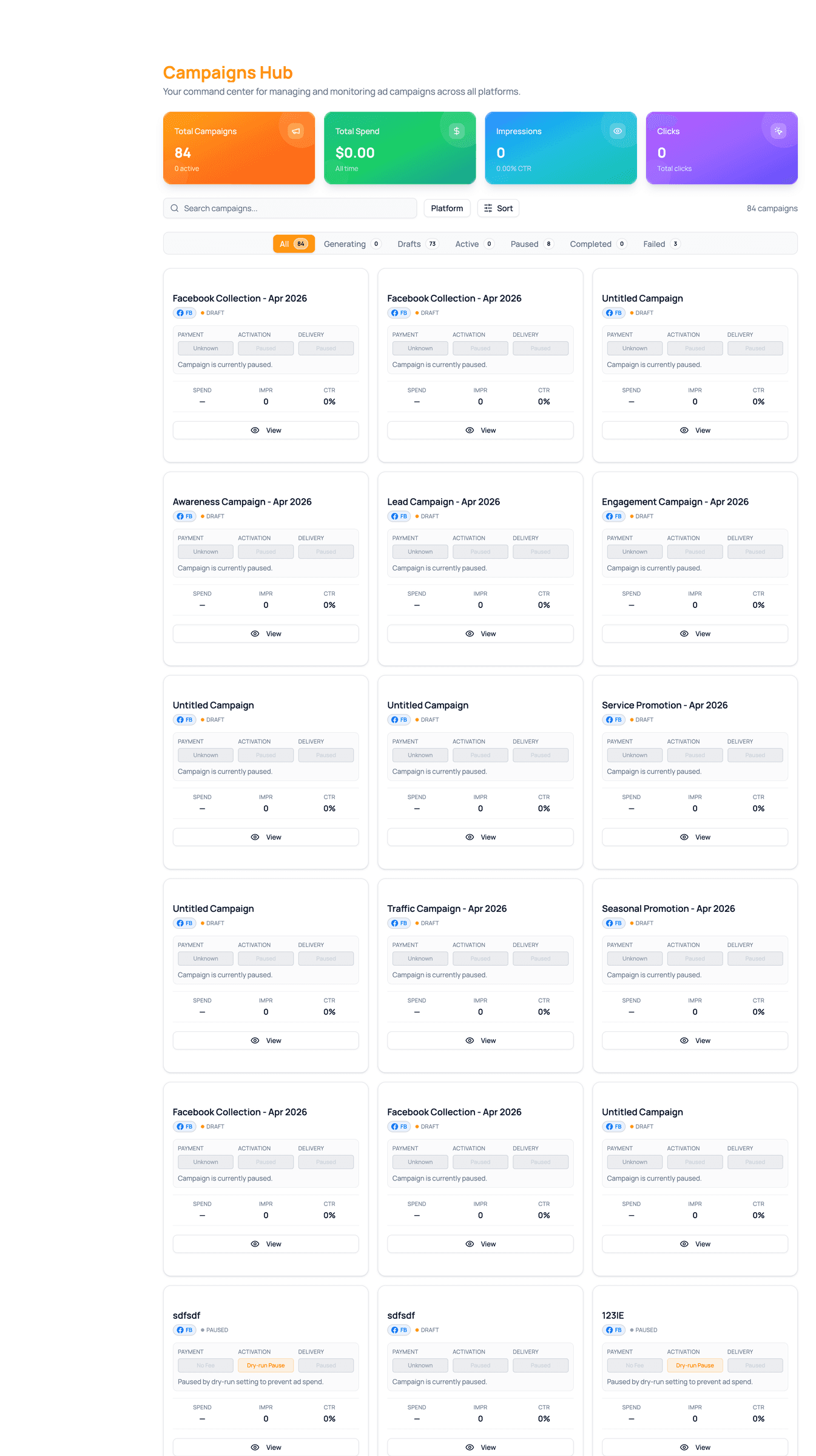 Campaigns Hub — Total Campaigns, Total Spend, Impressions, and Clicks stat cards over a list of active dealership campaigns