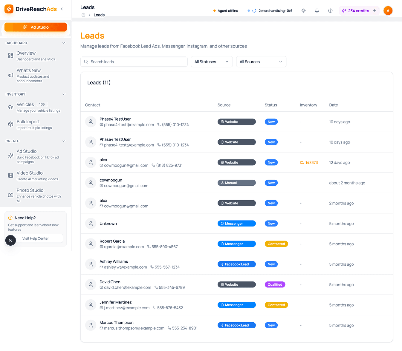 Leads inbox — table view with All Statuses and All Sources filters; conversations from Messenger, Instagram, TikTok, and web forms in one place