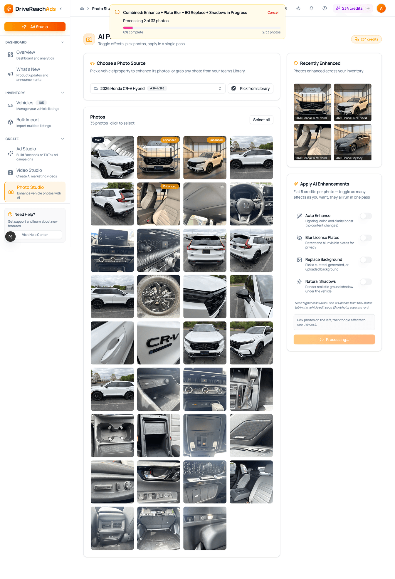 AI Photo Studio — Combined Enhance, Plate Blur, Background Replace, and Natural Shadows running in the dashboard