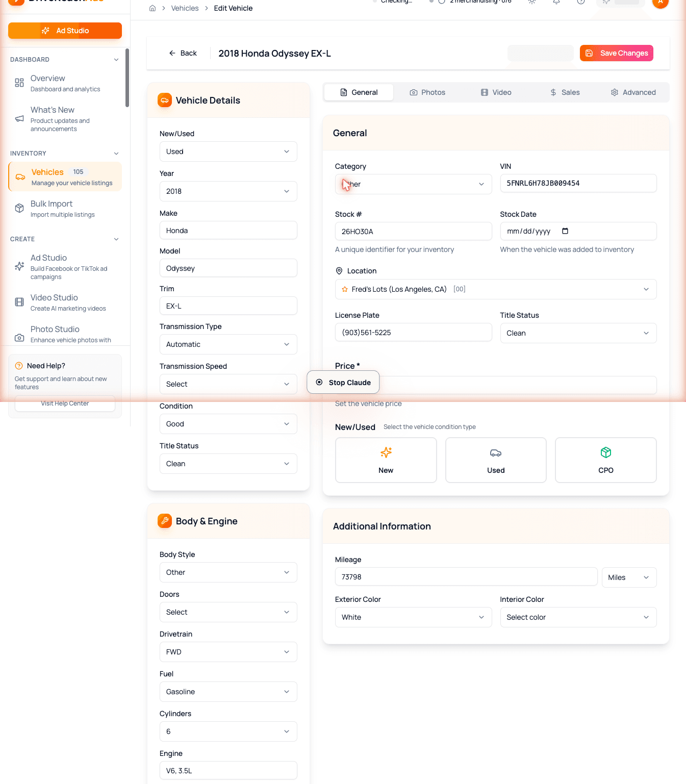 Edit Vehicle — General tab with VIN, Stock #, Location, License Plate, and Price fields auto-filled