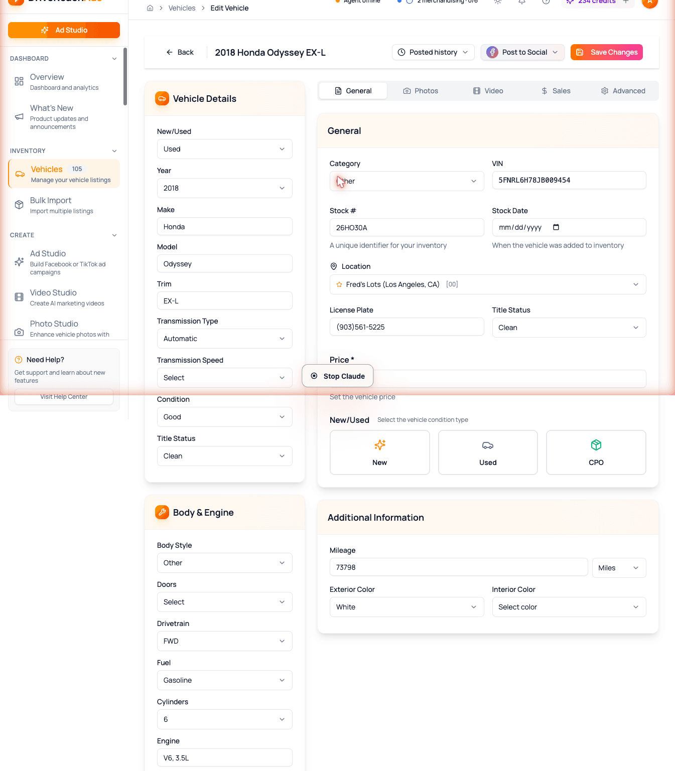 Vehicle media upload panel in the dashboard — drop in lot photos and pick which become hero shots