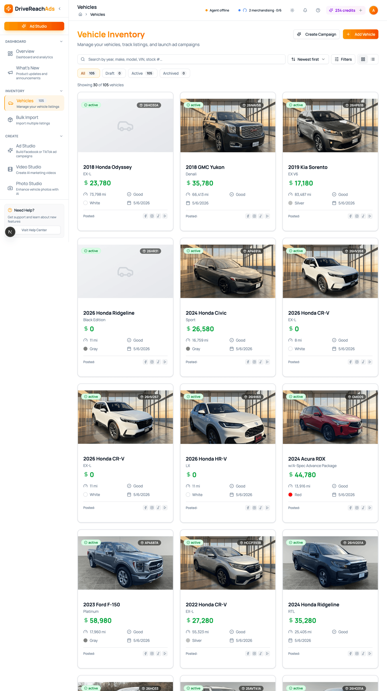 Vehicle Inventory grid — every vehicle with photos, price, mileage, and platform status, plus quick-actions on hover